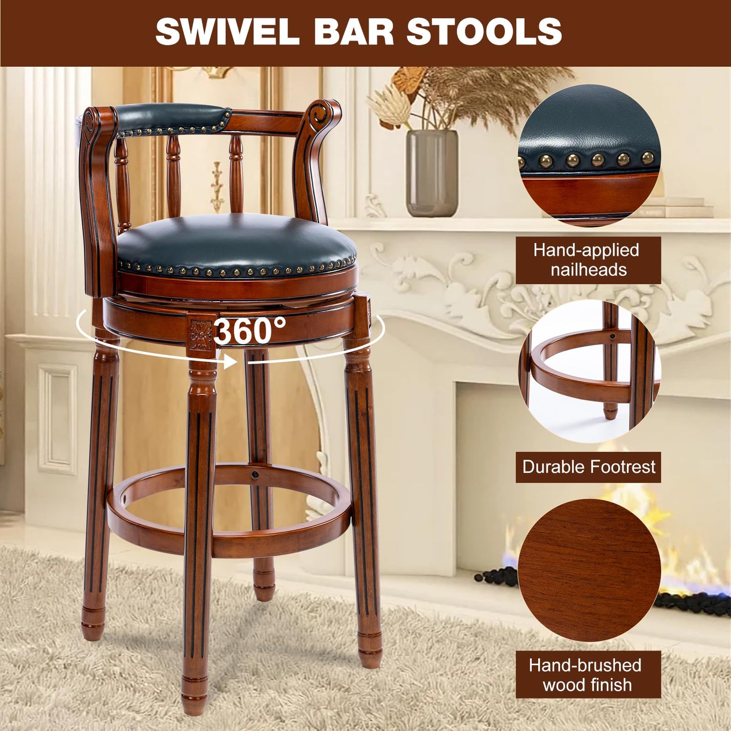 CozyRain Bar Stools Modern Swivel Barstools,Kitchen Counter Genuine Leather Upholstered Island Barstool with Footrest for Home Kitchen Dining Room (Navy, Seat Height 29.5 in)