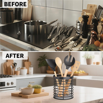 DTONIMA Utensil holder - Large Round Utensils Holder with Diatomaceous Base Matte Black Cooking Utensil Holder,Kitchen countertop Utensil Organizer (Metal)
