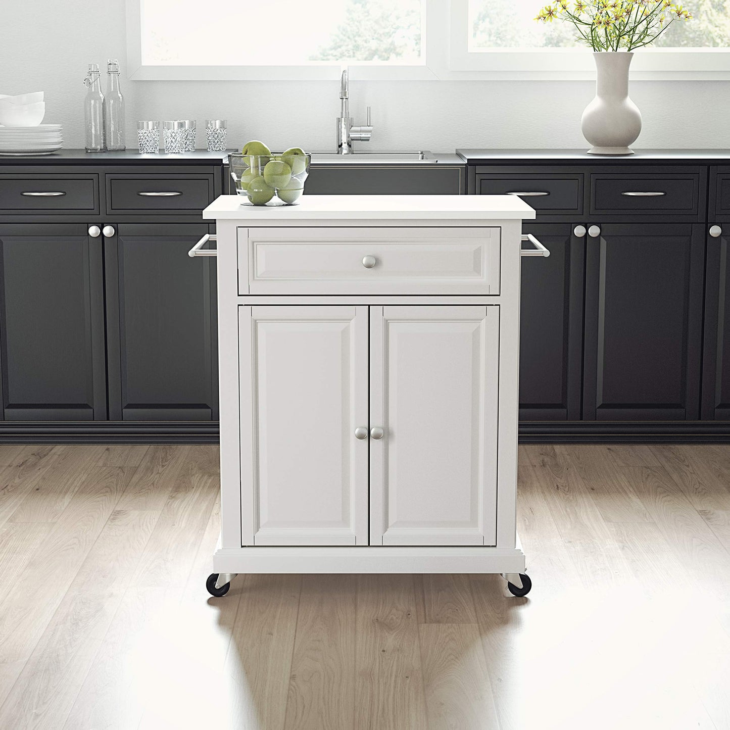 Crosley Furniture Compact Stone Top Small Rolling Cart with Shelves, Microwave Stand with Towel Rack, White