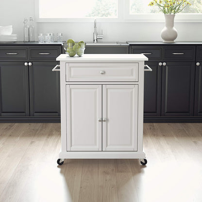 Crosley Furniture Compact Stone Top Small Rolling Cart with Shelves, Microwave Stand with Towel Rack, White