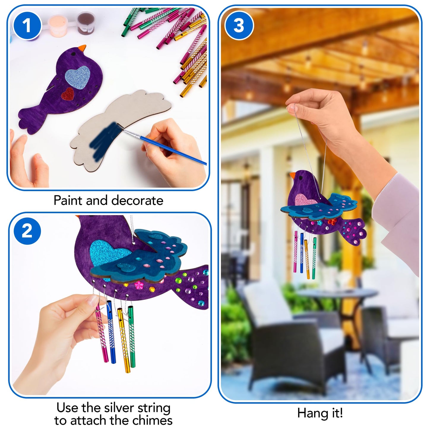 ArtCreativity DIY Wind Chime Kit for Kids - 8 Pack - Wooden Wind Chime Set with Paint Kit, Rhinestone Flower Stickers, Glitter Heart Foam Stickers, and More - Summer Arts and Crafts for Kids 3 and Up