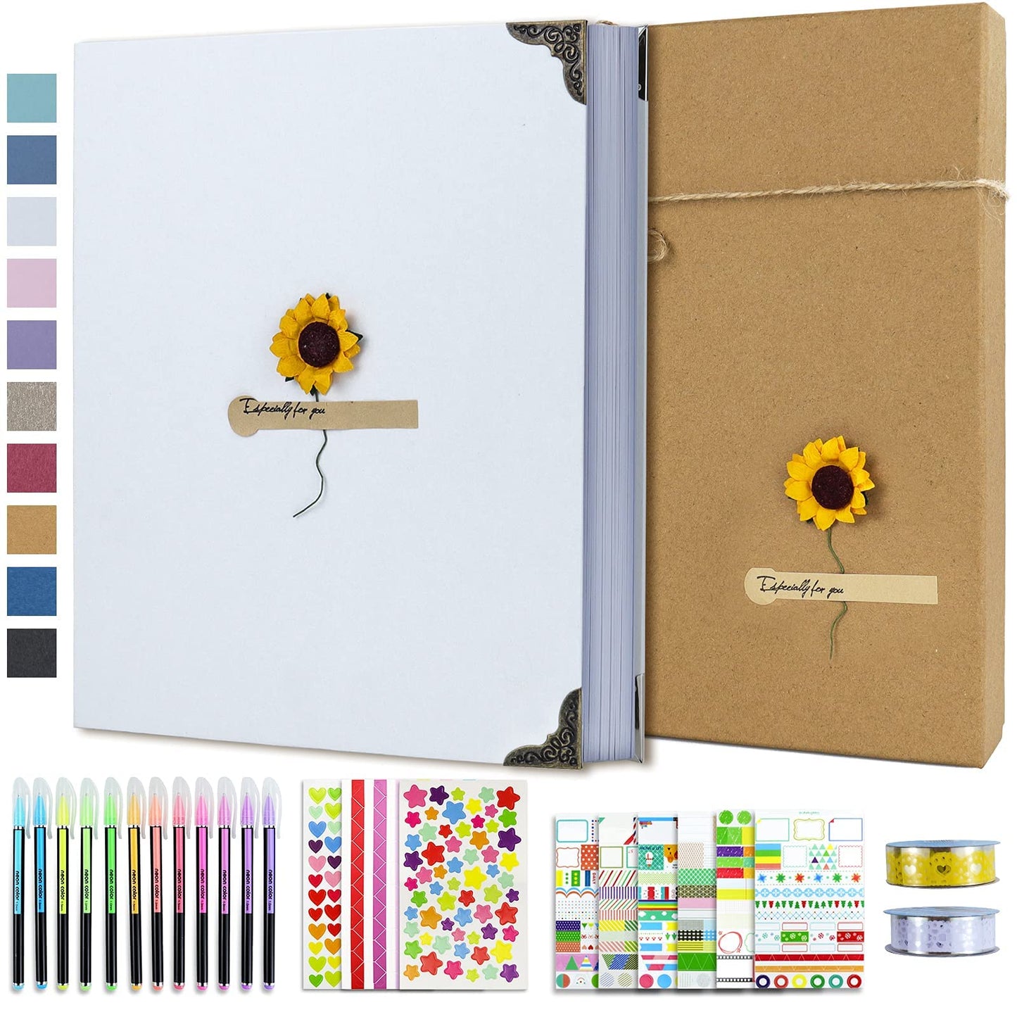 Vienrose DIY Scrapbook Photo Album Kit with Pens Tapes and Stickers 60 Pages Hardcover 8.5x11 Inches 3 Rings Removable Black Paper Scrapbooking Gift for Lover Friends Kids Wedding Valentine's White
