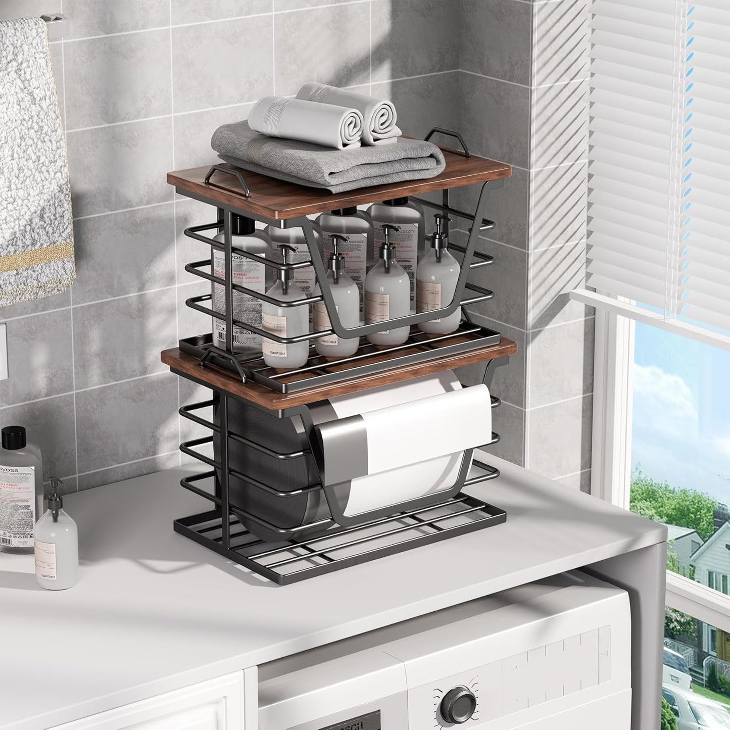 2 Pack Countertop Stackable Trash Bag Holders with Wood Top, Large & Small Garbage Bag Dispenser for Kitchen, Pantry