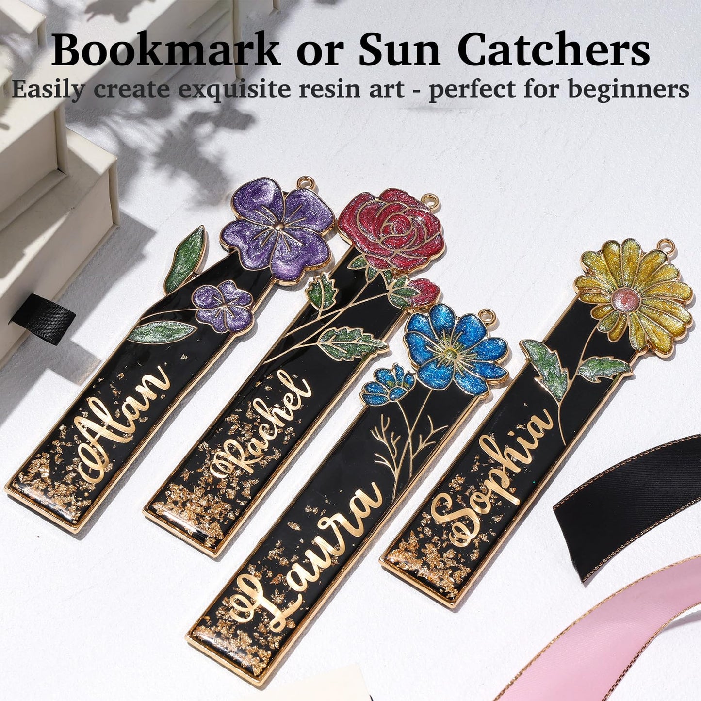 LET'S RESIN 12pcs Metal Bookmark Bezels for Resin with Tassels, UV Resin Molds for DIY Bookmarks, Flower Bookmark Bezels Kit for Craft Supplies & Wind Chime Accessories, Gifts for Book Lover