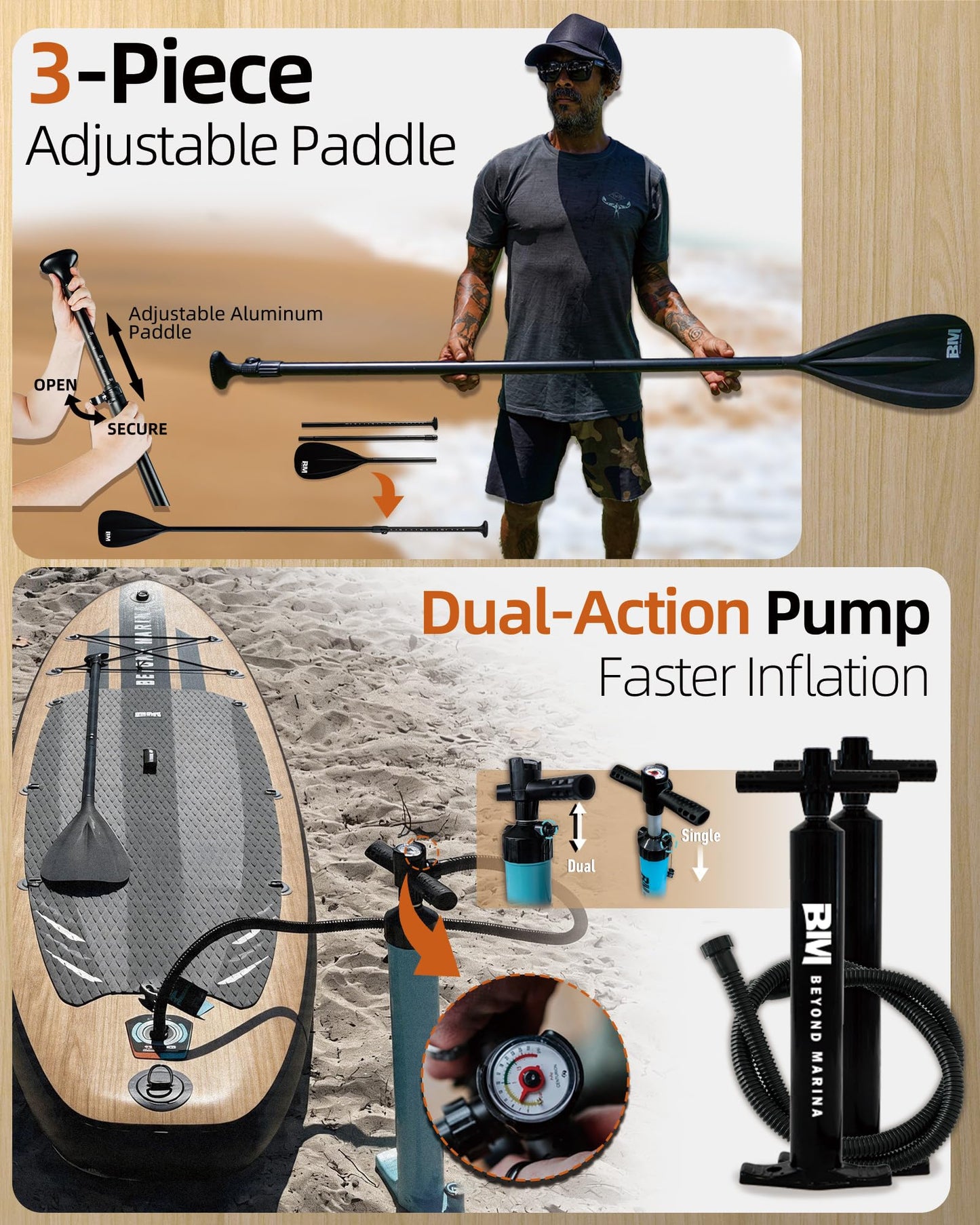 BM Paddle Board Inflatable Stand Up Paddle Board, SUP Paddleboard for Adult, Premium Accessories | Non-Slip EVA Deck & Foam Handles, Camera Mount, Double Action Pump, 85L Travel Backpack, Oak
