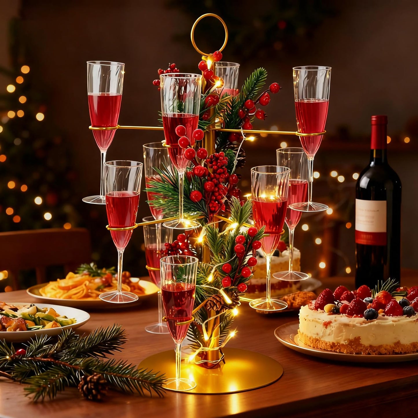Acellegic 3 Tiers Christmas Gold Cocktail Tree Stand with 12 Holders 12 Pcs 10 oz Wine Glass Light Tree Drink Holder Display Tower with Pinecone Branch for Party Champagne Bar Bridal Shower Wedding