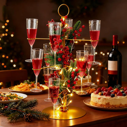Acellegic 3 Tiers Christmas Gold Cocktail Tree Stand with 12 Holders 12 Pcs 10 oz Wine Glass Light Tree Drink Holder Display Tower with Pinecone Branch for Party Champagne Bar Bridal Shower Wedding