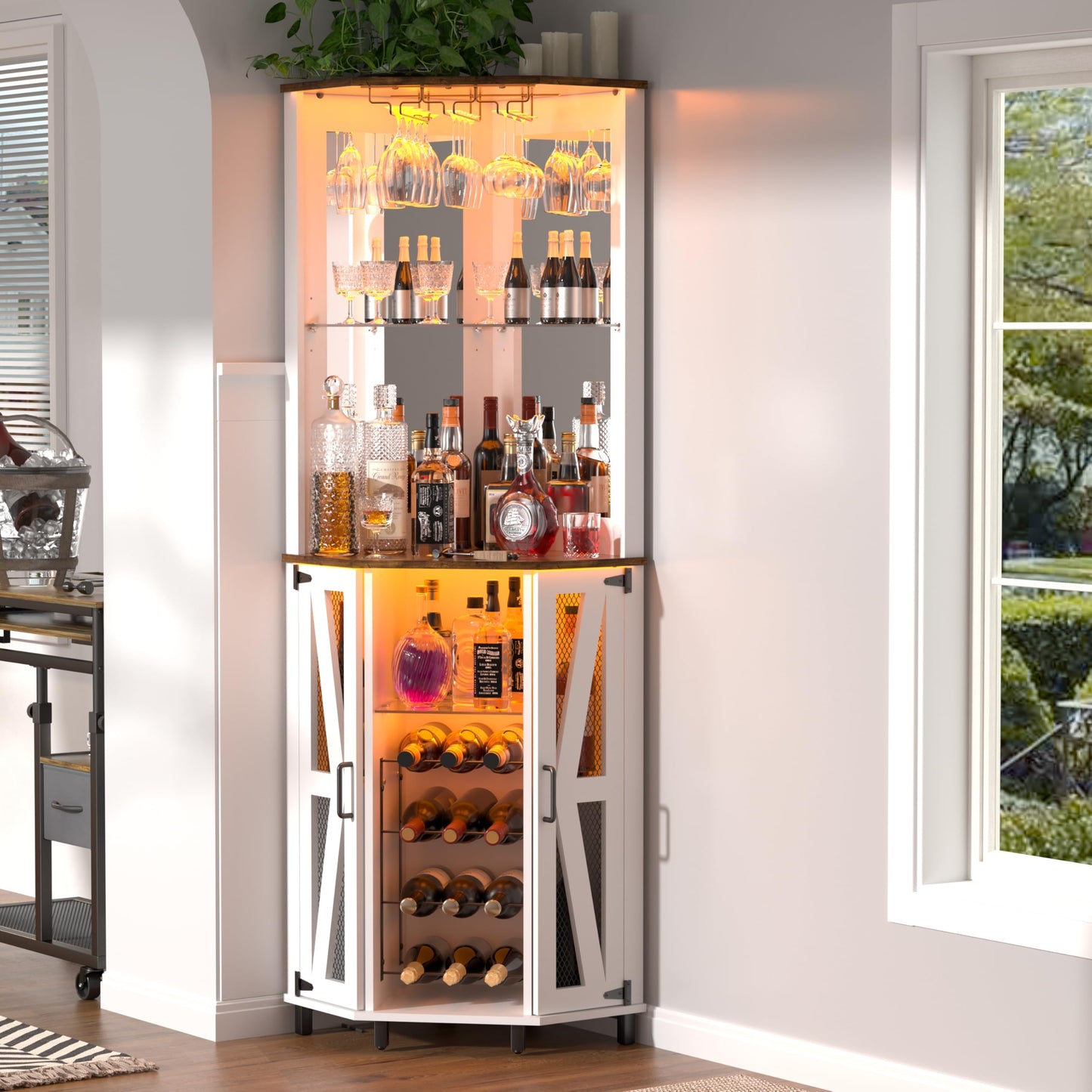 Oransail 68.9“ Tall Corner Bar Cabinet, Wine Bar with LED Light and Mirror, Farmhouse Liquor Cabinet with Adjustable Shelf & Glass Rack, for Dining Room, Living Room