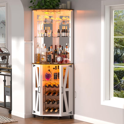 Oransail 68.9“ Tall Corner Bar Cabinet, Wine Bar with LED Light and Mirror, Farmhouse Liquor Cabinet with Adjustable Shelf & Glass Rack, for Dining Room, Living Room
