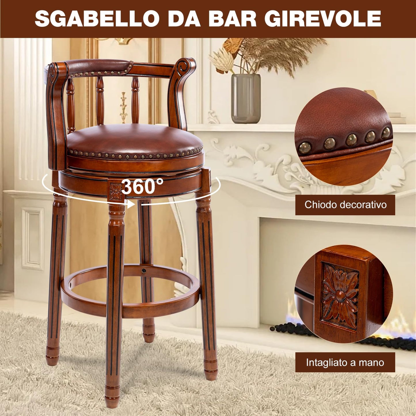 AULIFE Cow top Leather Wooden Bar Stools, 360 Degree Swivel Bar Height Chair with Backs for Home Kitchen Counter, Morden Chair Barstools (Brown 1pc, Bar Height-Seat Height 29.5”)