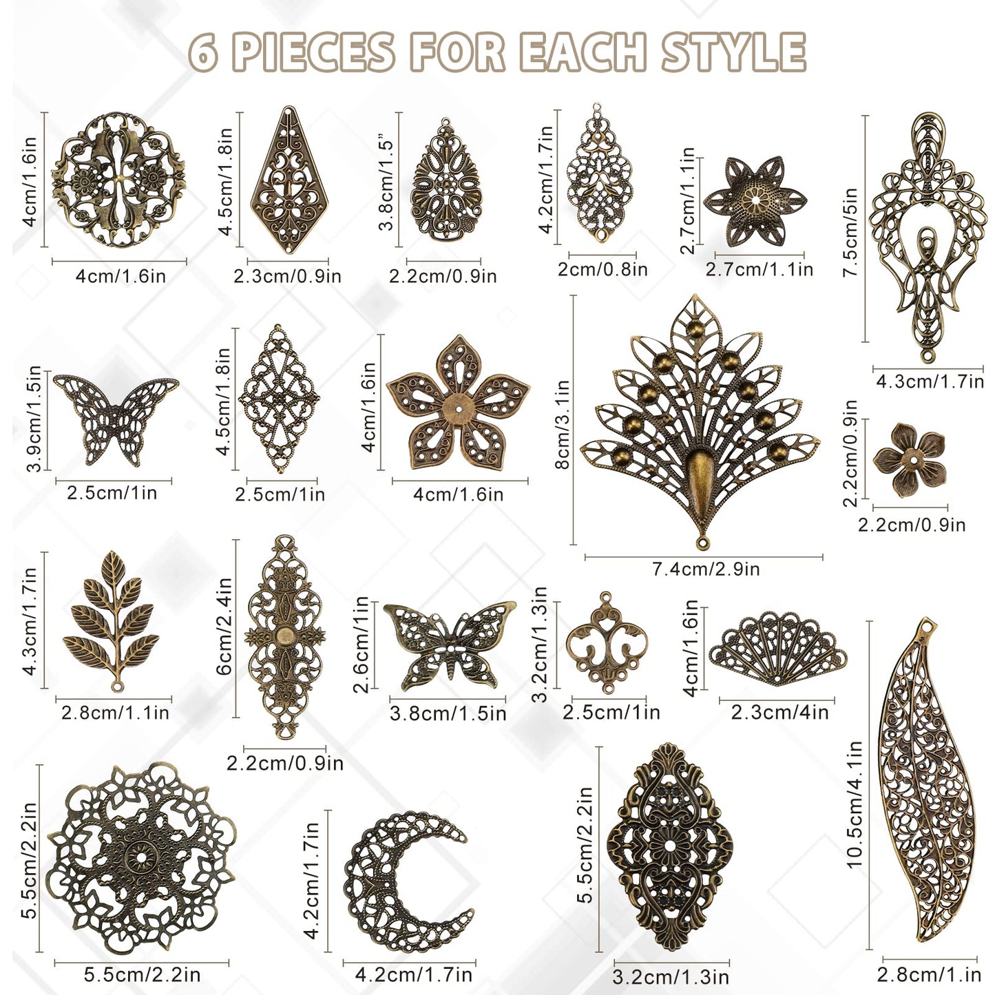 Luinabio 120 Pieces Filigree Connectors Charms Pendants Decoration Tibetan Metal Filigree Findings Embellishments for DIY Hairpin Necklace Earring Jewelry Making(Bronze,Novel Style)