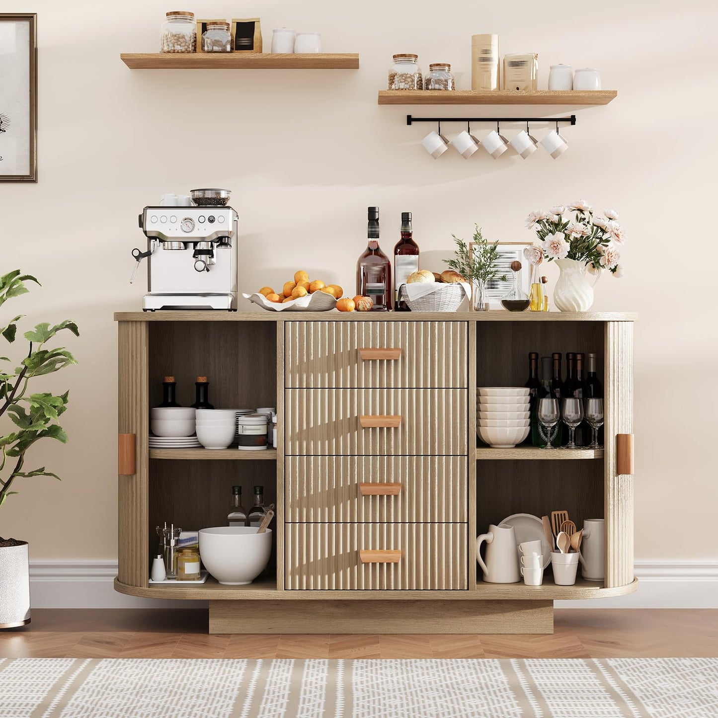 47" Fluted Sideboard Buffet Cabinet, Modern 60" Buffet Table with 4 Drawers and 2 Arched Sliding Doors, Coffee Bar Storage Console Cabinet, Accent Table for Dining Living Room, Hallway- Natural Oak