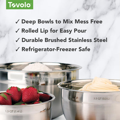 Tovolo Large Stainless Steel Mixing Bowl 5 Quart Metal Mixing Bowl for Baking Kitchen Prep with Easy Pour Rounded Lip, Dishwasher Safe Deep Metal Bowl Design for Salads, Popcorn, Kneading Bread Dough