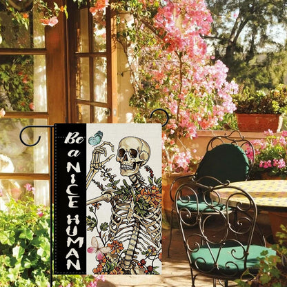 Dyrenson Funny Skeleton Decorative Garden Flag, Gothic Be a Nice Human Skull Flower Yard Outside Home Decoration, Spring Summer Floral Butterfly Burlap Outdoor Small Decor Double Sided 12 x 18
