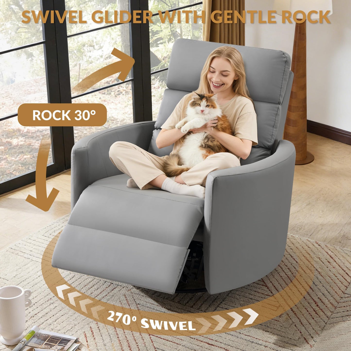 GRAINELL Oversize Power Swivel Recliner, 40in Wide Electric Glider Rocking Chair with Headrest Adjustment, USB Port, 270° Swivel, Rock 30°– for Living Room, Nursery, Leather Grey (5"7' to 6"1' Height)