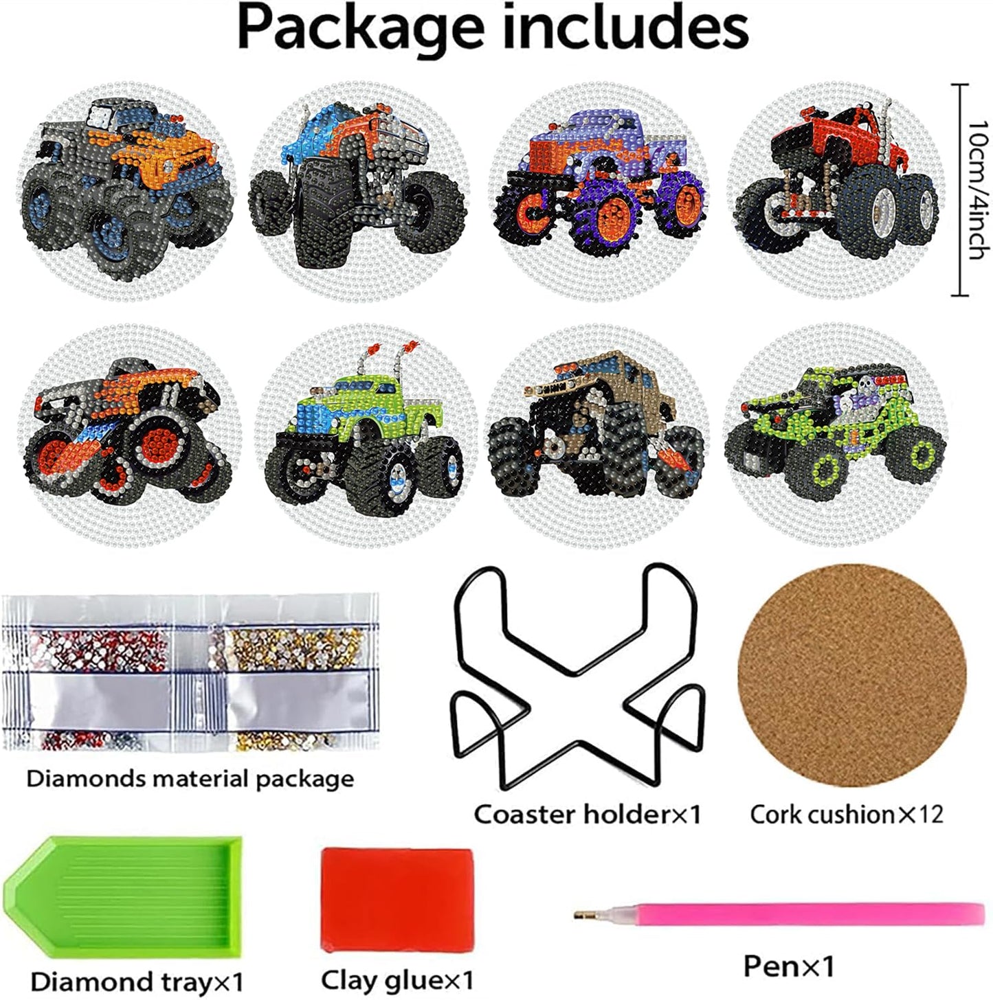 Trucks Diamond Art Painting Coaster Kit, 12 Pcs DIY Crafts Kit with Holder, Non Slip Coaster Art Supplies Full Drill Crafts for Gem Art Dot Art for Adults, Home Wall Decor for Teens Boys Girls