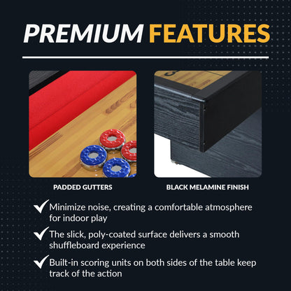 Hathaway Avenger 9 Ft Shuffleboard Table for Family Game Room – Poly-Coated Playfield, Built-in Scorer & Cabinet, Carpeted Gutters, 8 Pucks, Brush & Wax – Black Finish
