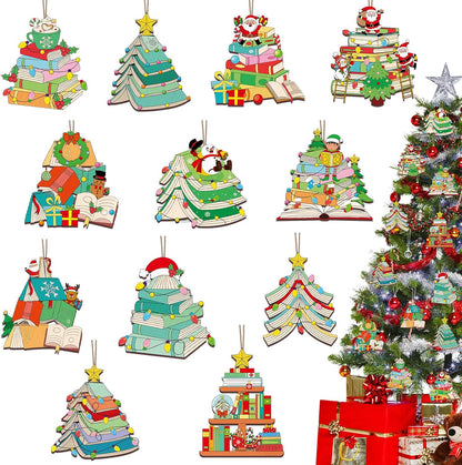 24Pcs Christmas Wooden Book Ornaments Book Lovers Gifts Xmas Tree Reading Ornament Bookshelf Hanging Wood Signs Crafts