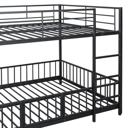 Bellemave Full Over Full Bunk Bed with Slide and Ladder, Metal Low Bunk Bed for Kids, Girls, Boys, Removable Fence, with Door, Black
