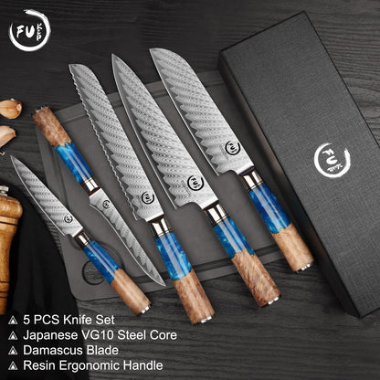 Fukep 5 Piece Damascus Knife Set, Professional Japanese Knife Set with Japanese VG 10 Steel Core, Blue Resin Handle, Includes Chef, Santoku, Bread, Boning & Paring Damascus Knives in Gift Box