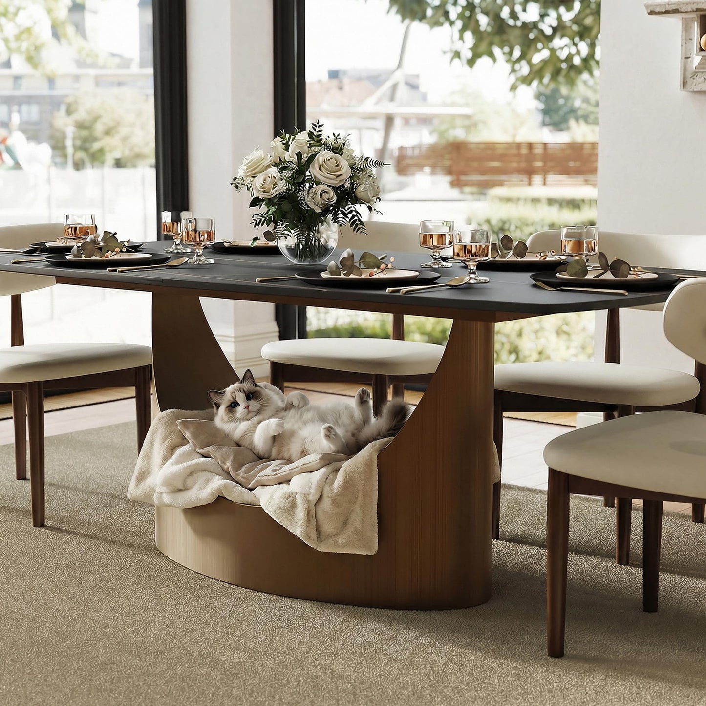 POVISON 71" Modern Dining Table for 6, Matte Black Heavy-Duty Dining Table, Sintered Stone Dining Tabletop with Bronze Carbon Steel Pedestal, 71 inch Rectangle Dining Room Table (Table Only)