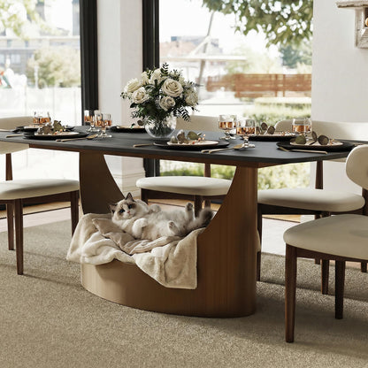 POVISON 71" Modern Dining Table for 6, Matte Black Heavy-Duty Dining Table, Sintered Stone Dining Tabletop with Bronze Carbon Steel Pedestal, 71 inch Rectangle Dining Room Table (Table Only)
