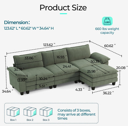 LINSY HOME 123'' Modular Sectional Sofa Green Couch Corduroy Cloud Couches for Living Room, L Shaped Couch with Movable Ottoman, Modern Cloud Sectional Sofas for Bedroom and Apartment, Green
