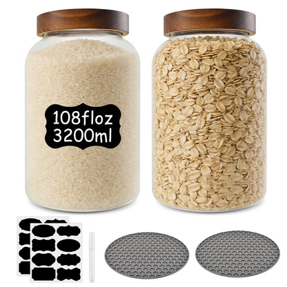 Large Glass Jar of 2 Pack,108floz/3200 ml Glass Canisters with Airtight Lids,Pantry Jar with Anti-Slip Mat and Label, Glass Storage Container for Kithchen Food,Flour,Sugar,Cereal,Rice,Pasta,Oats