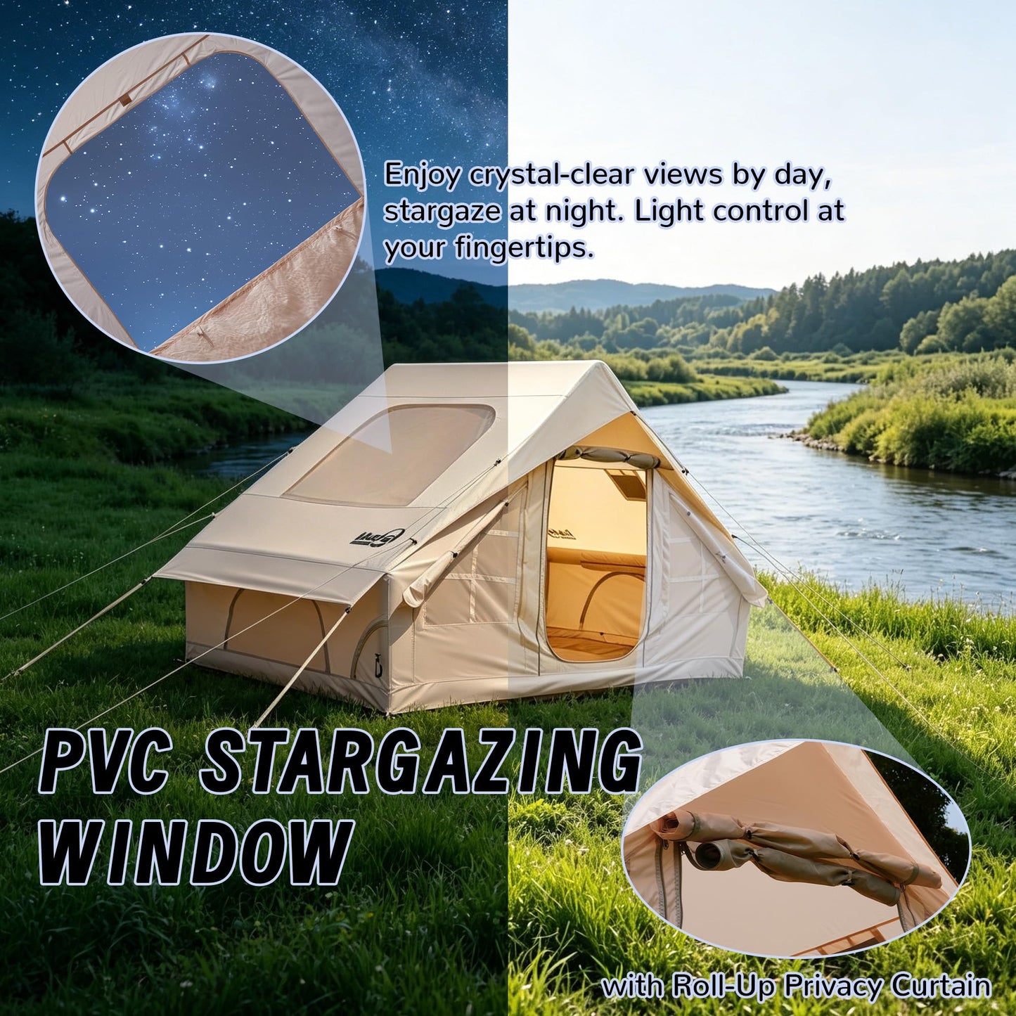 Inflatable Tent for Camping 4-6 Person-Blow Up Tent with Hand Pump-Oxford Waterproof Air Tent with Stove Jack – Portable Hot Tent for Family Glamping, Outdoor Festival（Quick Setup-5 Min for 4 Season）
