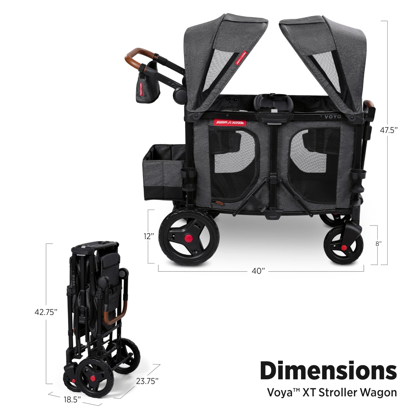 Radio Flyer Voya Stroller Wagon, for Ages 6+ Months, Extra Tall Sides, Push or Pull, 2 Seats, Dual Sun Canopies, Compact Fold, Lightweight, Storage Space, 5-Point Harnesses, Stroller Wagon for Kids