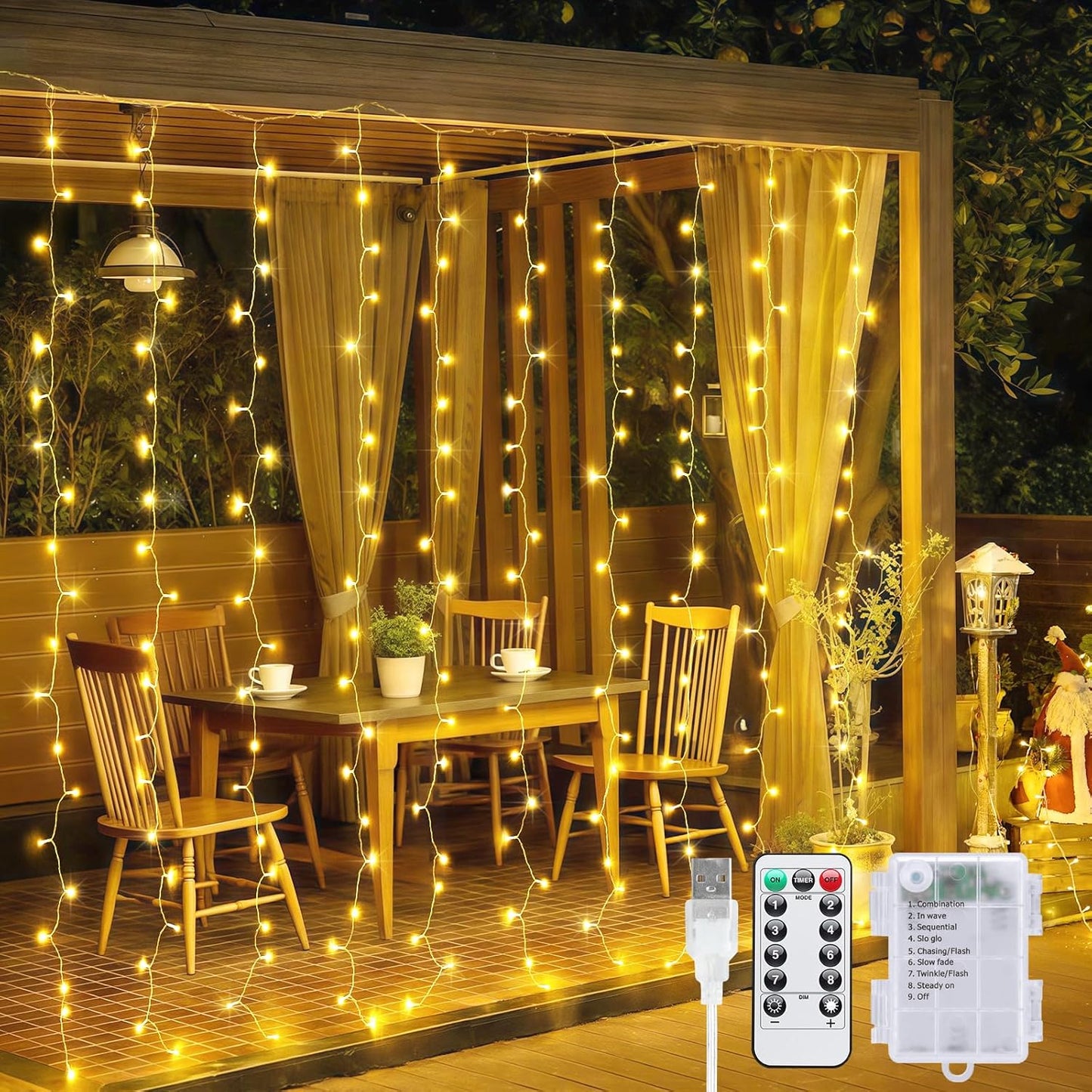 200 8 JMEXSUSS LED Curtain Lights Battery Operated & USB Plug in, Modes Warm White Curtain Hanging String Lights Indoor