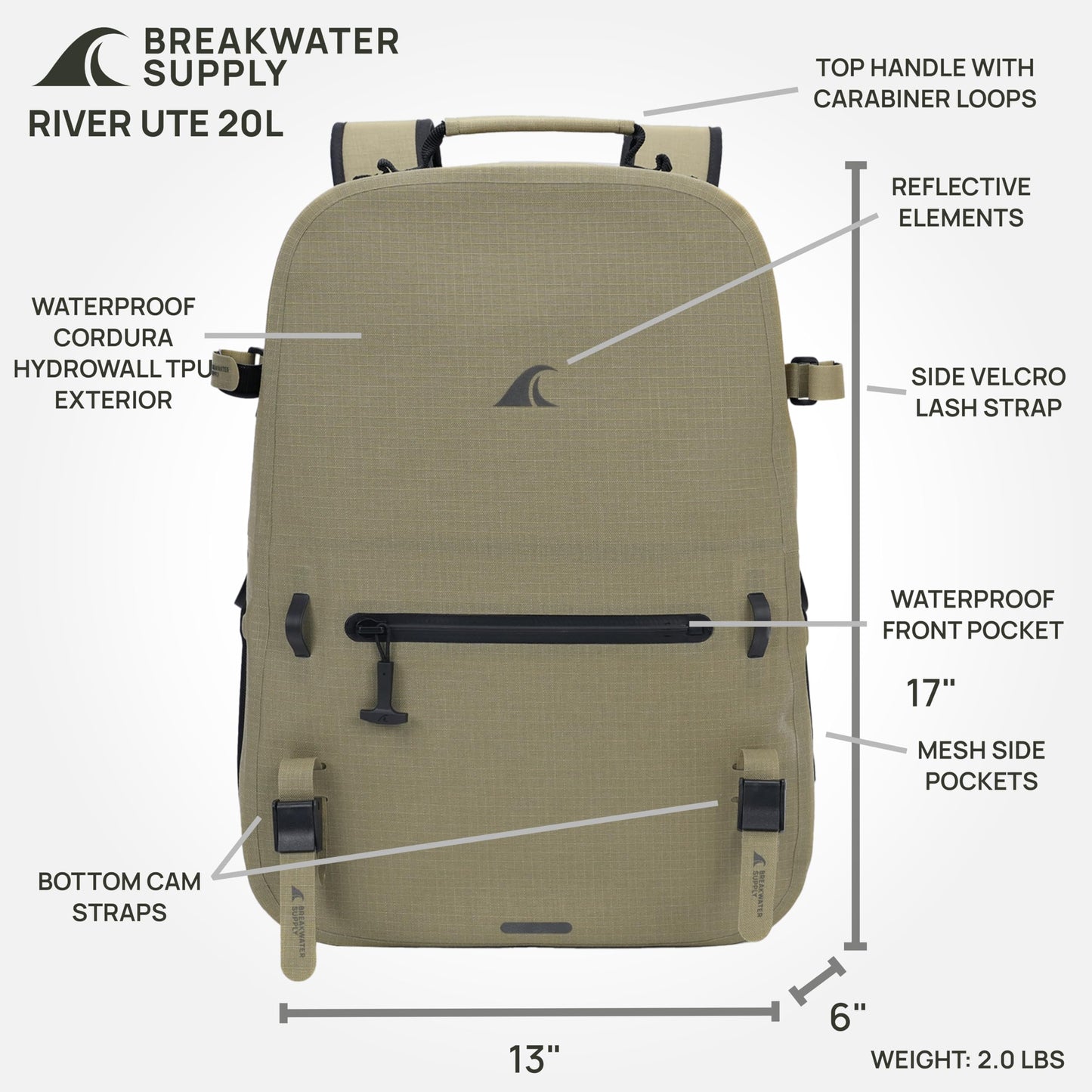 Breakwater Supply™ River Ute Waterproof IP68 Hunting Backpack, Floating TPU Submersible Dry Bag with Padded Hip Belt and Airtight Zippers | 20L (River Ute 20L CORDURA Safari Tan)