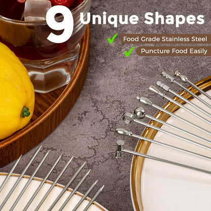 Metal Martini Cocktail Picks 9 Pcs, 4.1 in Olive Skewers Stainless Steel, Martini Garnish Sticks Reusable, Metal Toothpicks for Drinks, Appetizers, Bar Accessories Gift for Bartenders - Sliver