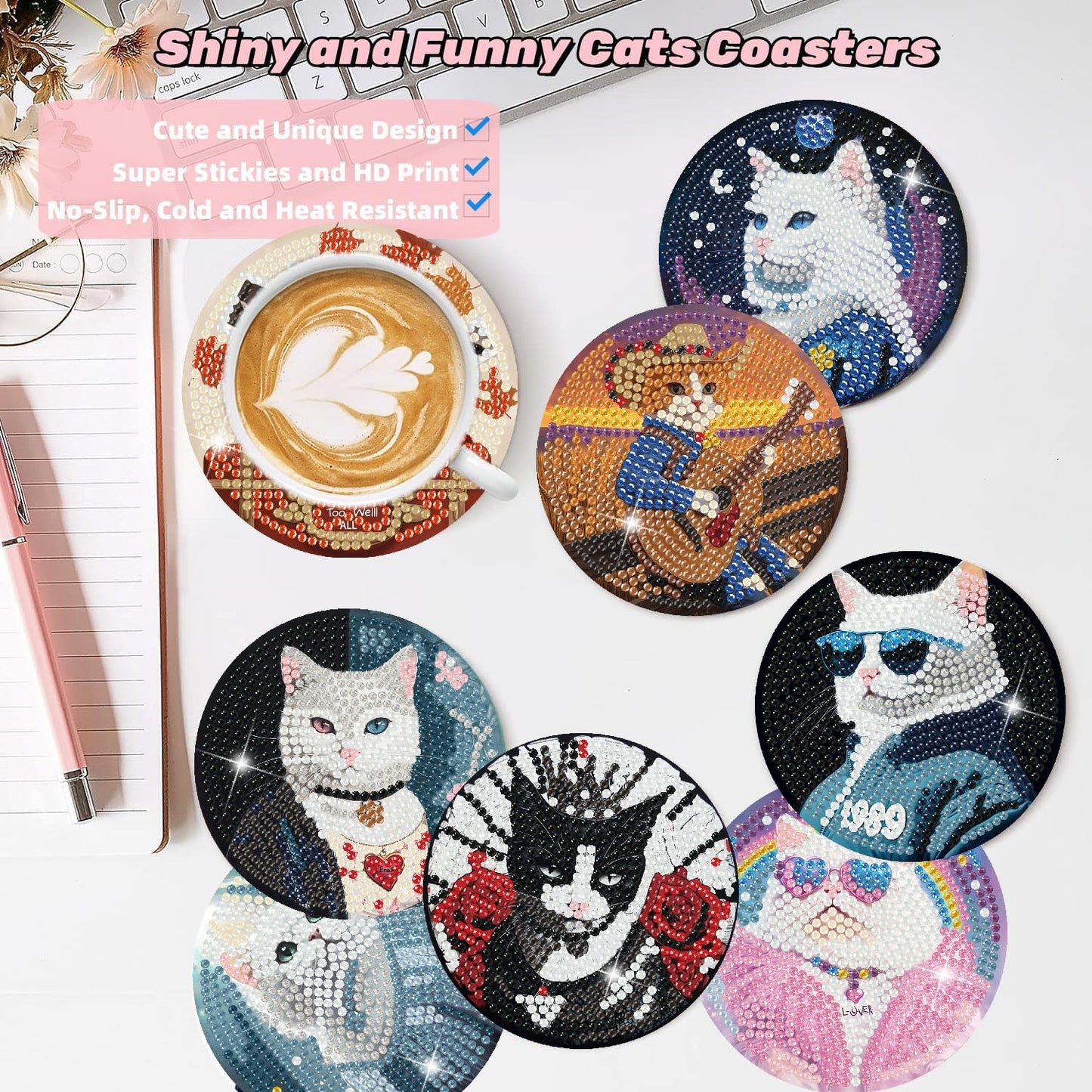 Puraikcmi 8PCs Diamond Paintings Coasters Kits Set, Cat Diamond Art Coasters with Holder, DIY Crafts Diamond Art Kits Adults Craft Diamond Gem Art Gift (Album Inspied Cat)