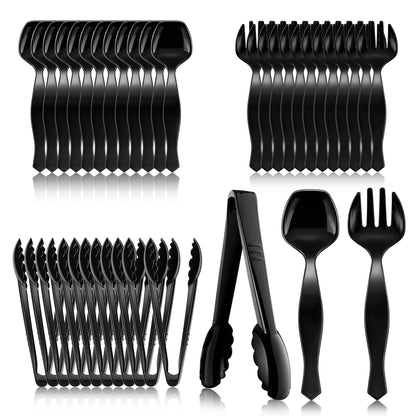Mwellewm 36Pcs Plastic Serving Utensils Set Large Disposable Serving Spoons Forks Tongs for Serving Food 8.5'' Heavy Duty Black Large Party Utensils Supplies for Buffet Restaurant Dinner Salad Soup