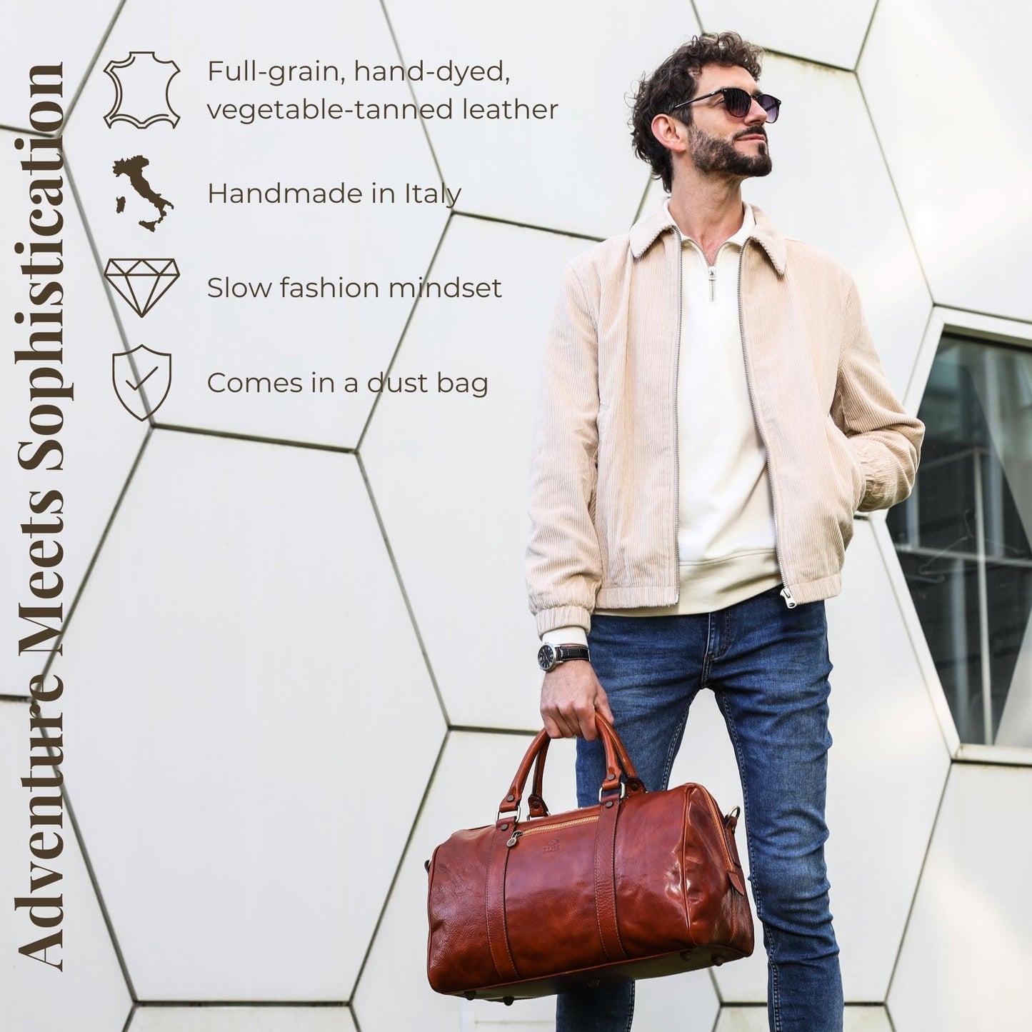 Time Resistance Full Grain Leather Small Duffel Bag - Gym Weekender Overnight Bag (Cognac Brown)