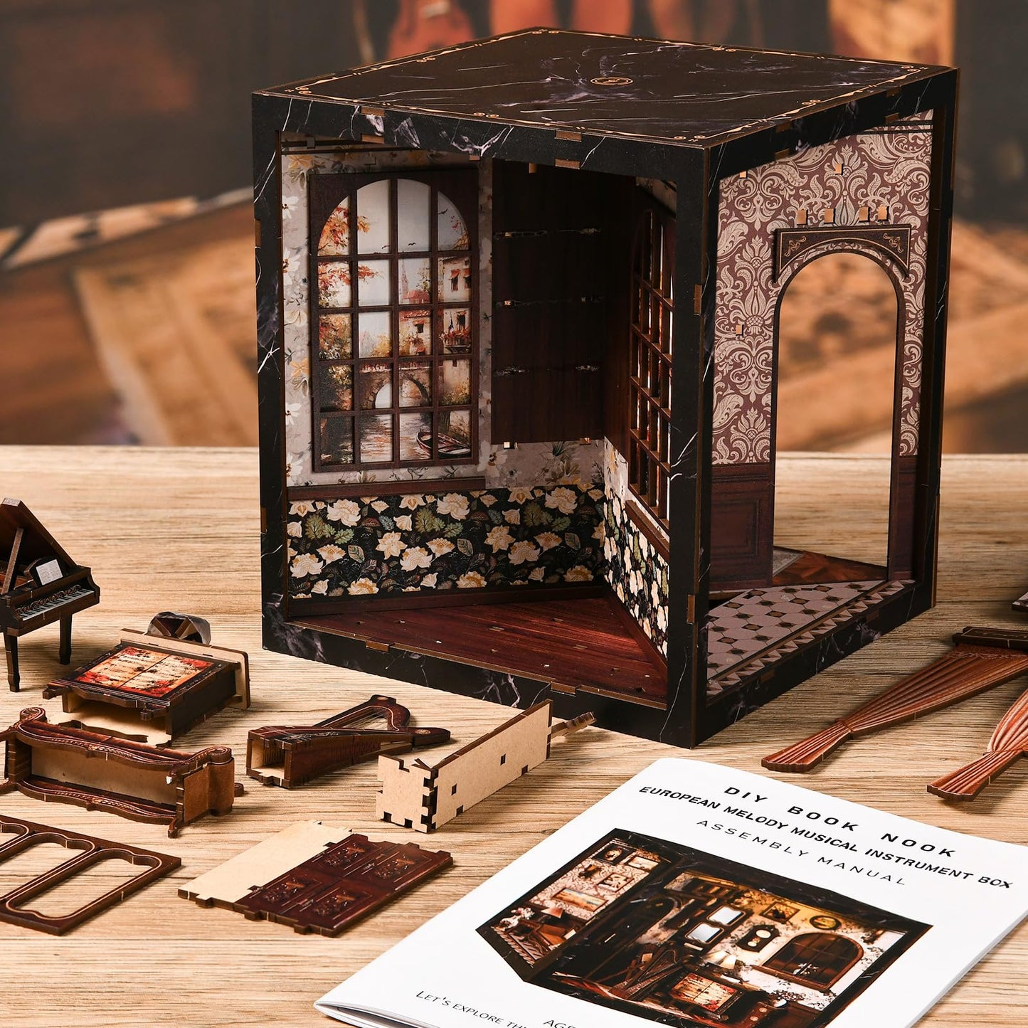 Book Nook Kit for Adults,360° View DIY Miniature Dollhouse Kit with LED, Classical Music Room 3D Wooden Puzzle Bookshelf Insert Decor, Creative Hobby Gift for Teens and Men