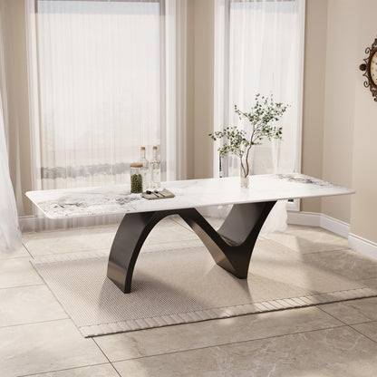 Modern Dining Table for 8-10, Sintered Stone Dining Tabletop with Unique N-Shaped Metal Base, 87" Rectangle Dining Table Large Dining Room Table Kitchen (Table Only)