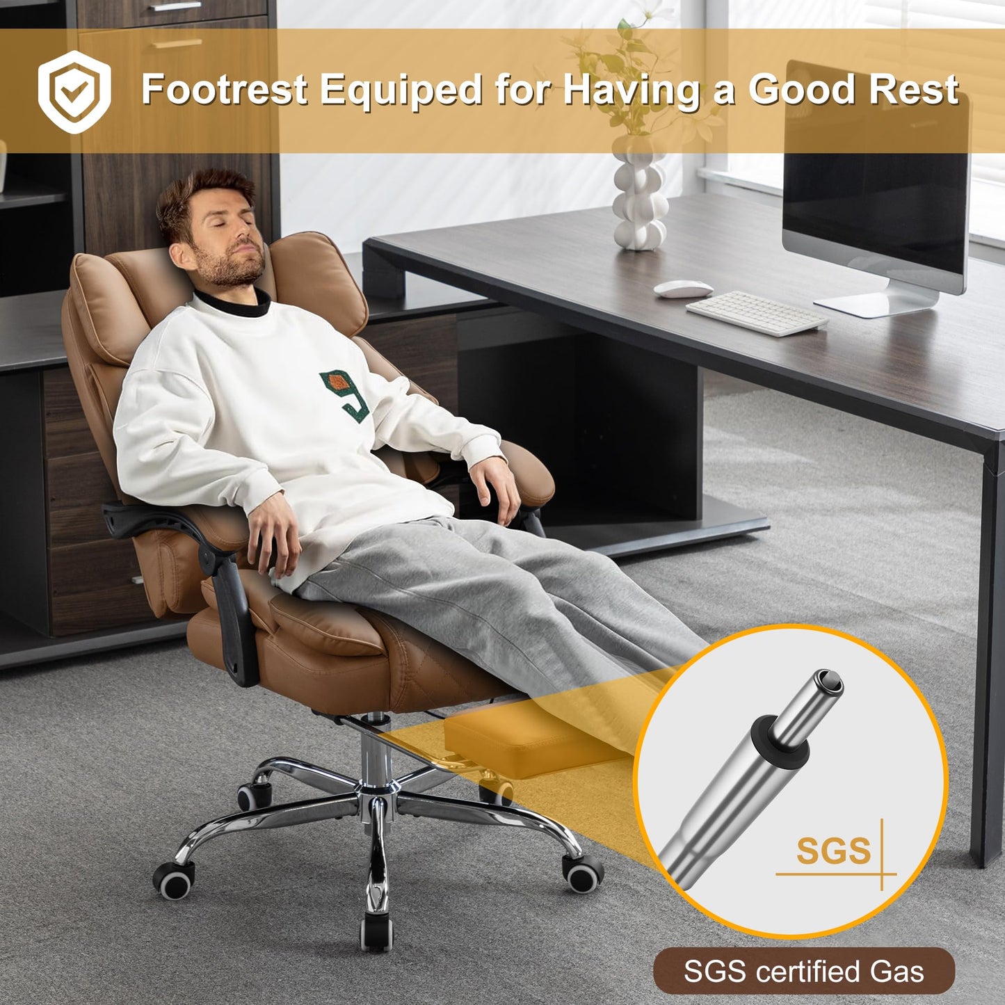 BOWTHY Kneading Massage Executive Office Chair with Heated,90-135° Reclining Office Chair with Footrest,Computer Desk Chair with Wheels,Diamond-Stitched Cushion Leather Office Chair (Brown)