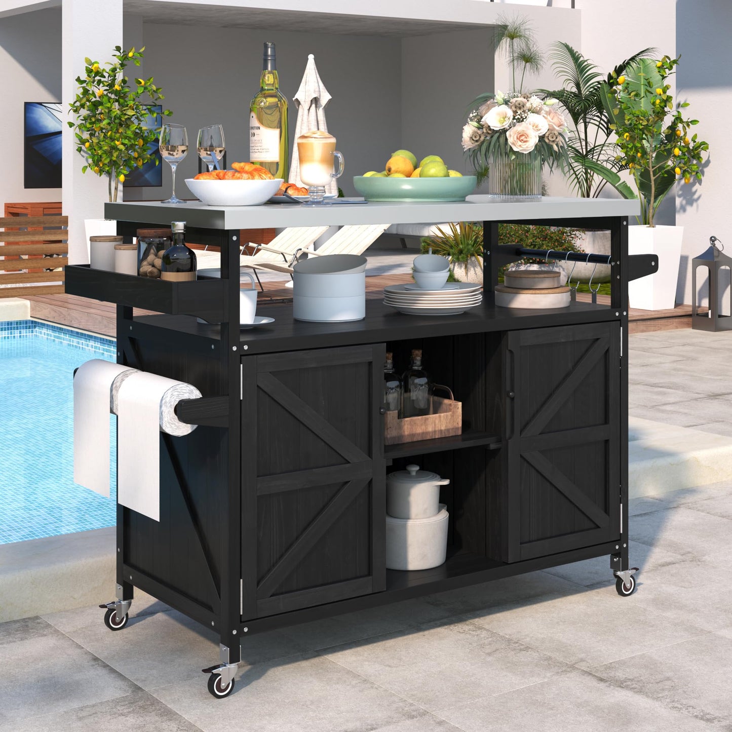 Ball & Cast Outdoor Kitchen Island,Rolling Bar Cart & Storage Cabinet,Farmhouse Solid Wood Outdoor Grill Table with Stainless Steel Top,Spice and Towel Rack,for Kitchen,Barbecue,Black,50.25"
