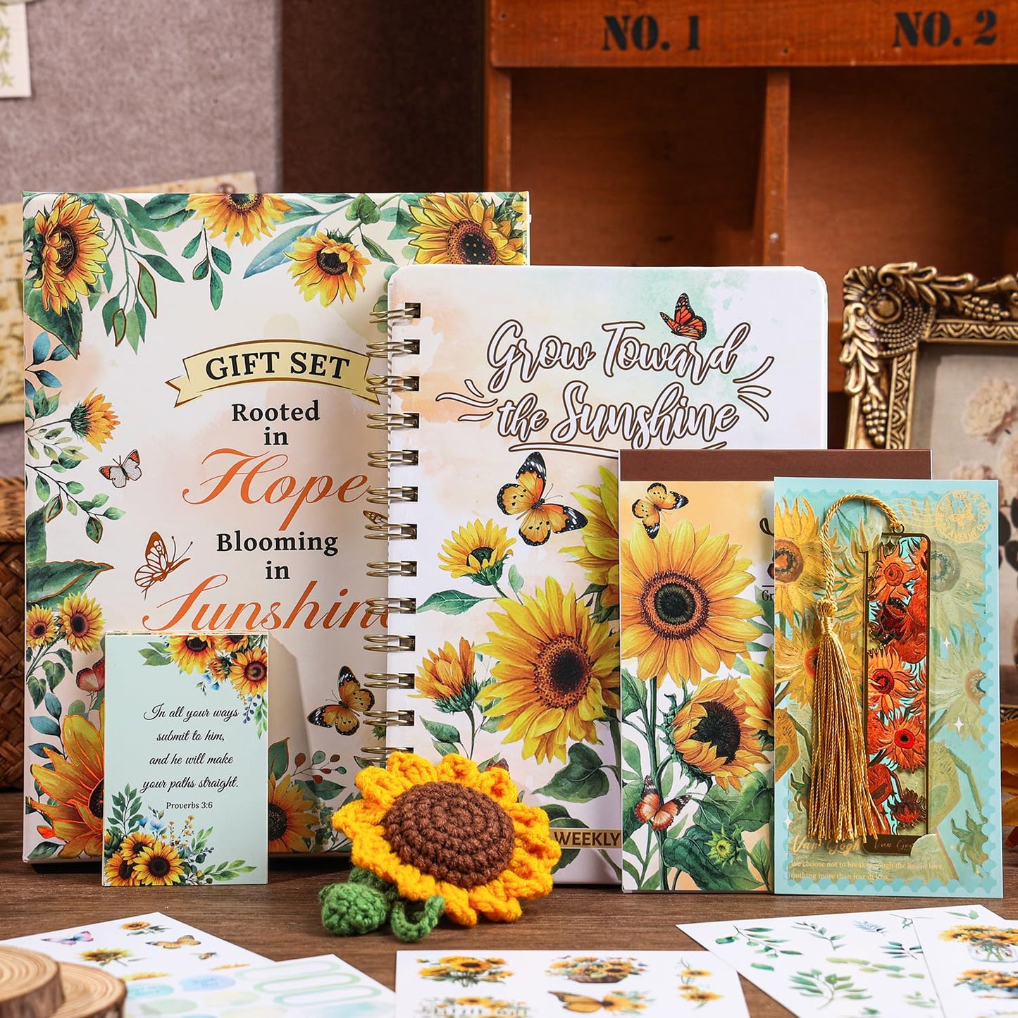 Sunflower Planner Gift Set for Women - 1 Sticker Book of 600+ Stickers, 1 Weekly Planner, 1 Crochet Keychain, 1 Metal Bookmark, 12 Prayer Cards, Gift for Women Men Teens Christian Birthday Mothers Day