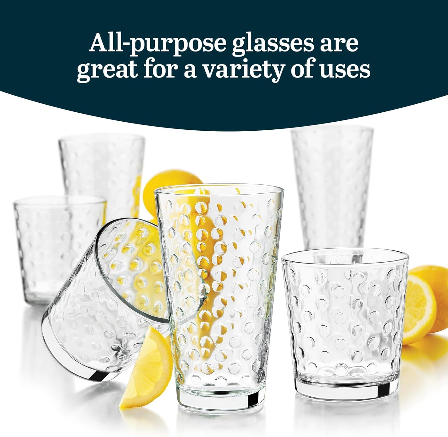Libbey Awa Tumbler and Rock Glasses Set - Elegant Polka Dot Drinking Glasses, 16 All Purpose Cups for Events