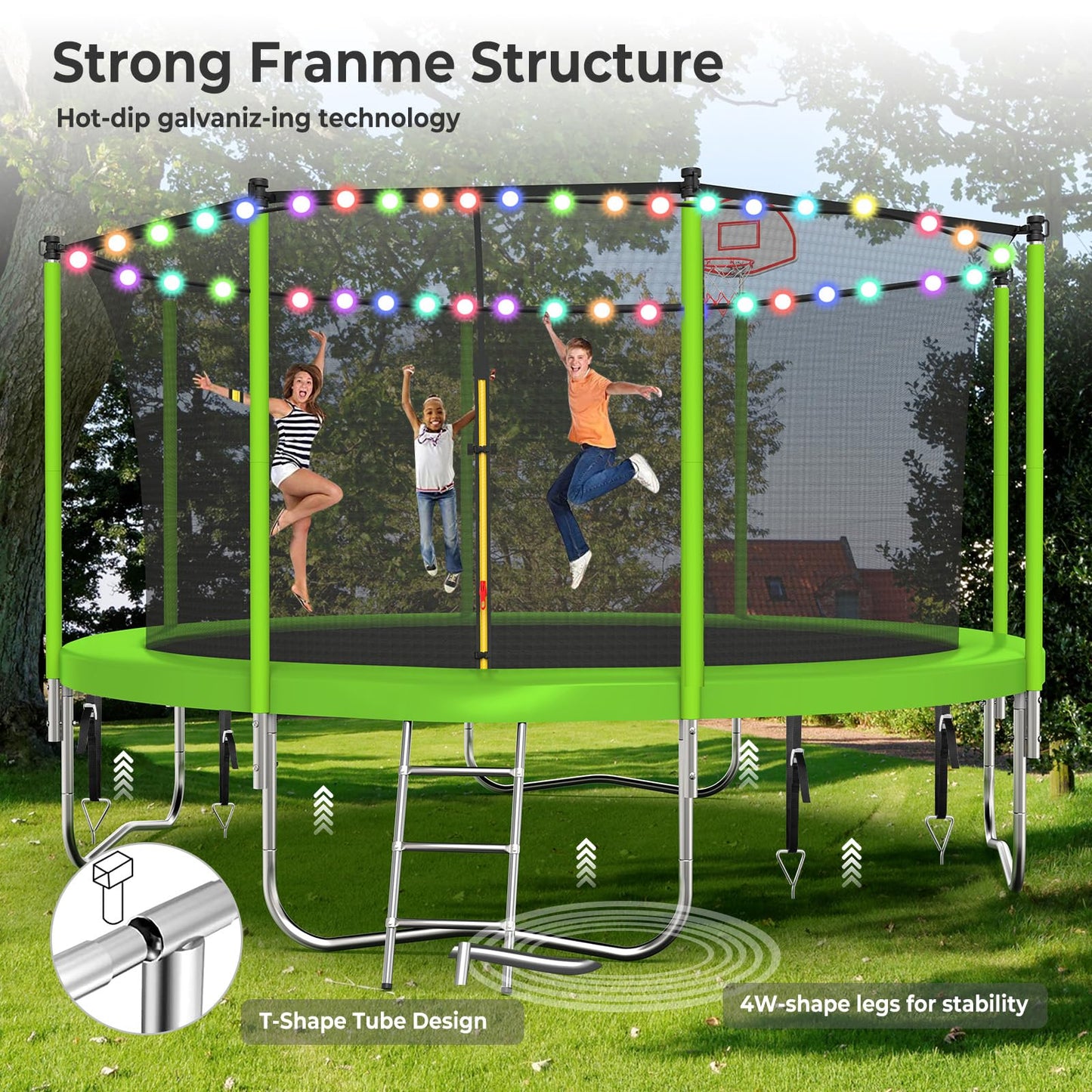 Lyromix Upgraded 12FT Trampoline for Kids and Adults, Large Outdoor Trampoline with Stakes, Light, Sprinkler, Basketball Hoop and Net, Capacity for 5-8 Kids and Adults