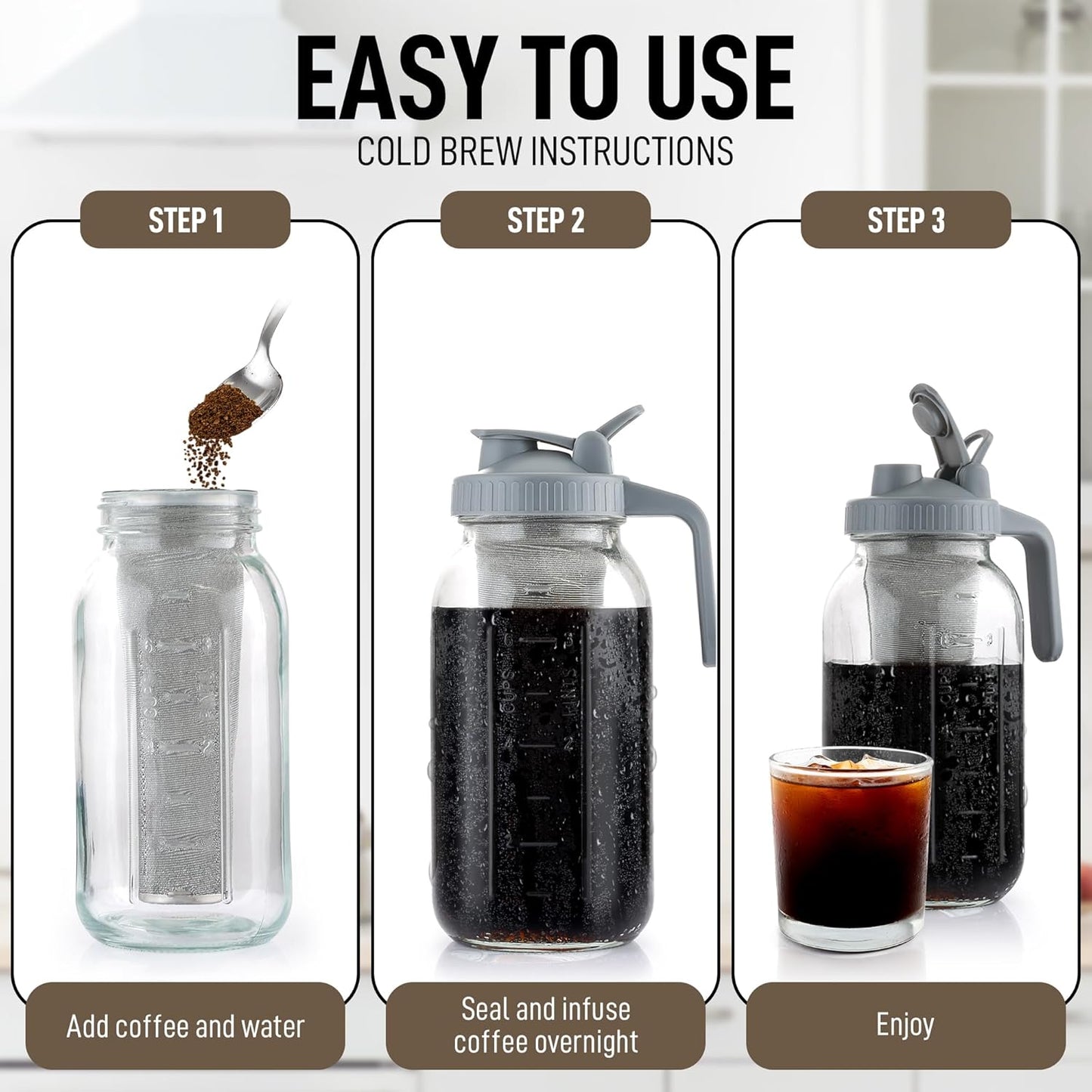 Zulay Premium Cold Brew Coffee Maker, 64oz Mason Jar Pitcher with Extra-Thick Glass & Stainless Steel Filter