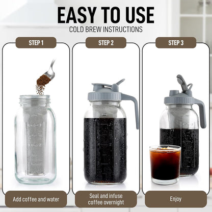 Zulay Premium Cold Brew Coffee Maker, 64oz Mason Jar Pitcher with Extra-Thick Glass & Stainless Steel Filter