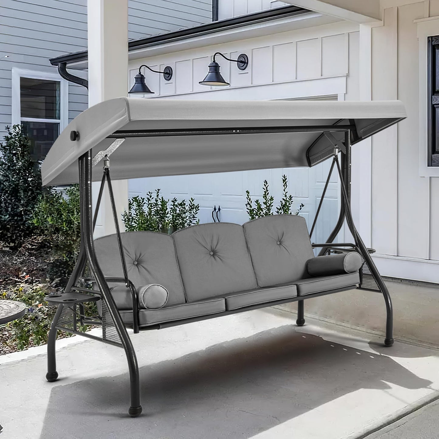 HOMREST 3 Seat Outdoor Porch Swing with 1.5" Deep Cup Holder, Adjustable Canopy,Patio Swing Bed with Stand, Patio Glider Swing with Thicken Cushions, Pillow(Grey)