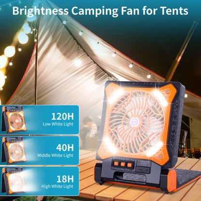 WESTTREE Solar Fan Battery Powered Rechargeable Solar Camping Fan with Led Lantern Power Bank Foldable Angle USB Personal Fans for Travel Outdoor CampingTents camping essentials X98 Orange