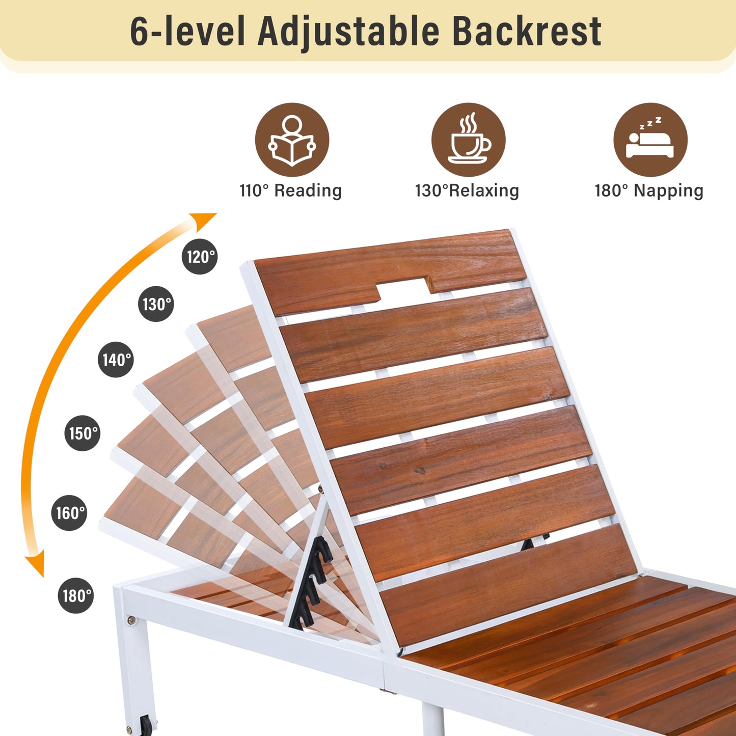 ApilithHive Outdoor Chaise Lounge with 6-Position Adjustable Backrest, Acacia Wood and Steel Frame, 78.7", 400 lbs Capacity, White and Brown