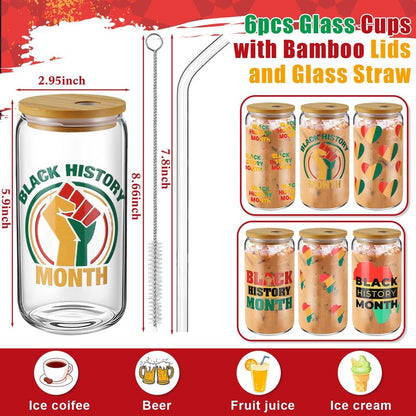 Acellegic 6 Pcs Black History Month Gifts Cups Glass Tumbler with Lids and Straws 16oz African American Bulk Party Favors Reusable Can Shaped Drinking Glasses for Juneteenth Party Supplies