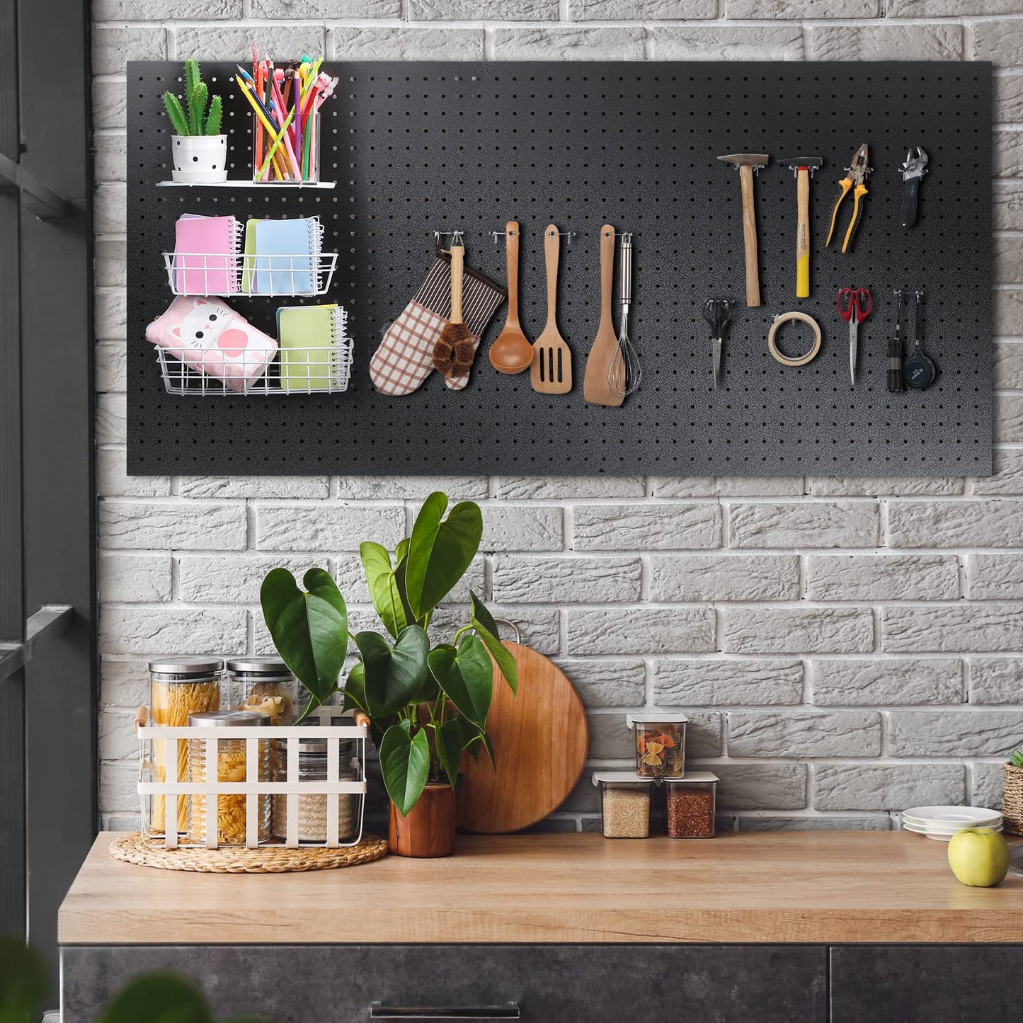 2 Pcs Wood Pegboard High Density Fiberboard 24 x 48 Inches Wall Mount Display Black Pegboard with Mounting Hardware Round Hole Peg Boards for Walls, Garage Craft Room Workshop Organizers and Storage